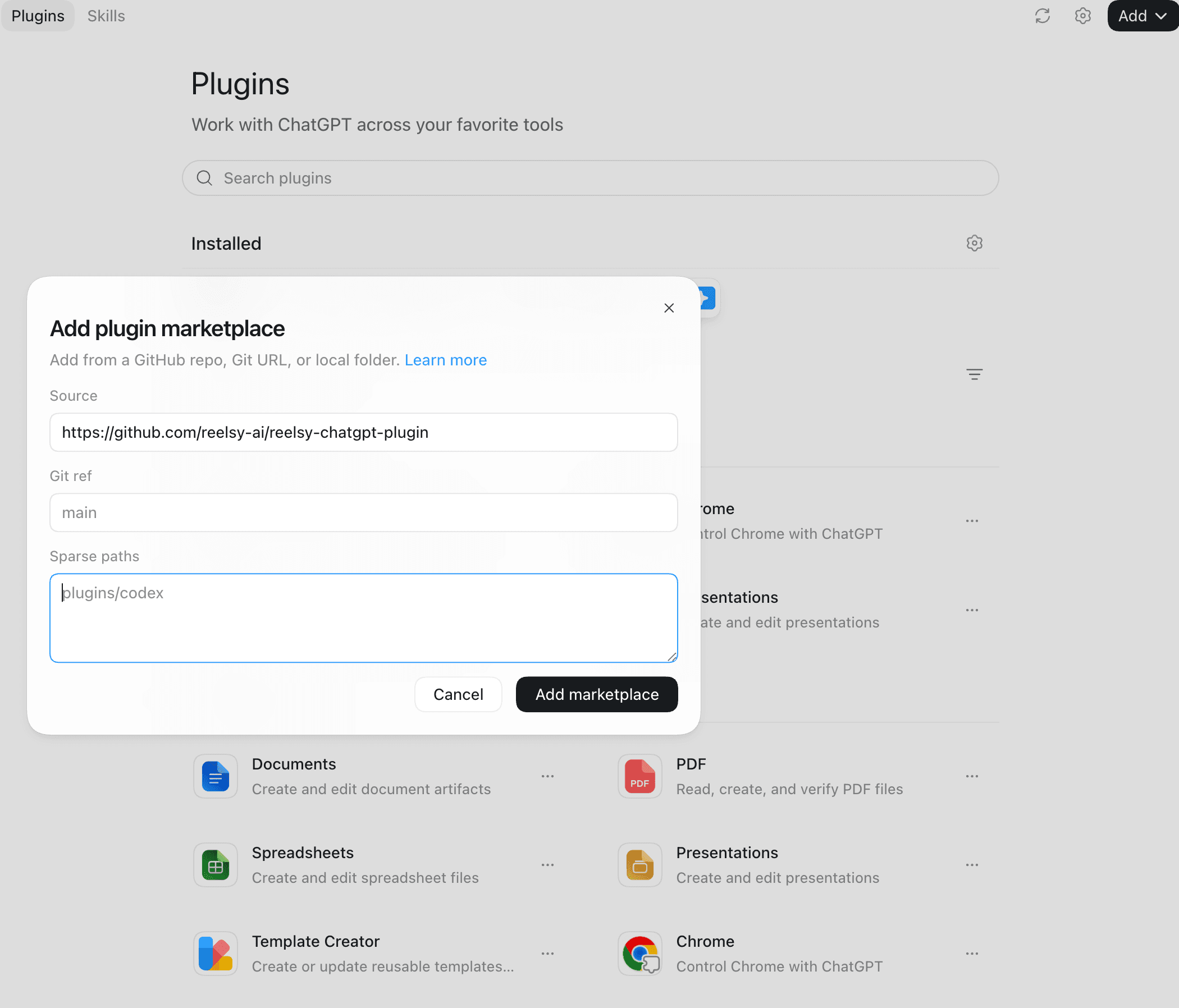 Add plugin marketplace dialog with the Reelsy GitHub source