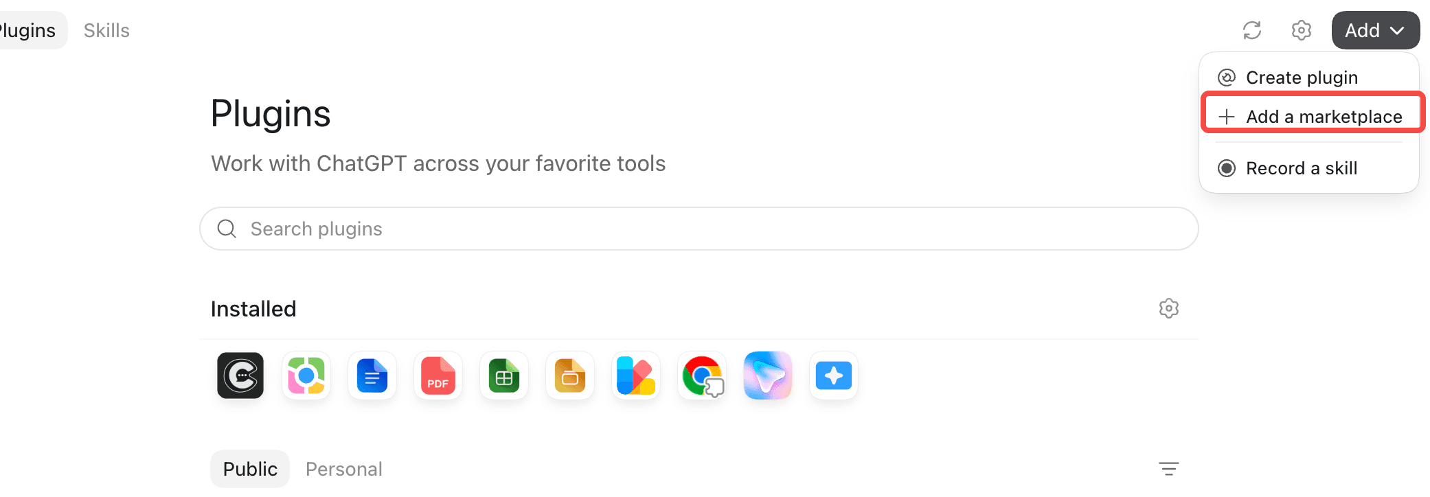 ChatGPT Plugins Add menu with Add a marketplace highlighted
